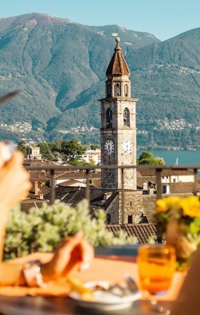 A bell tower above Ascona on Lake Maggiore in Ticino