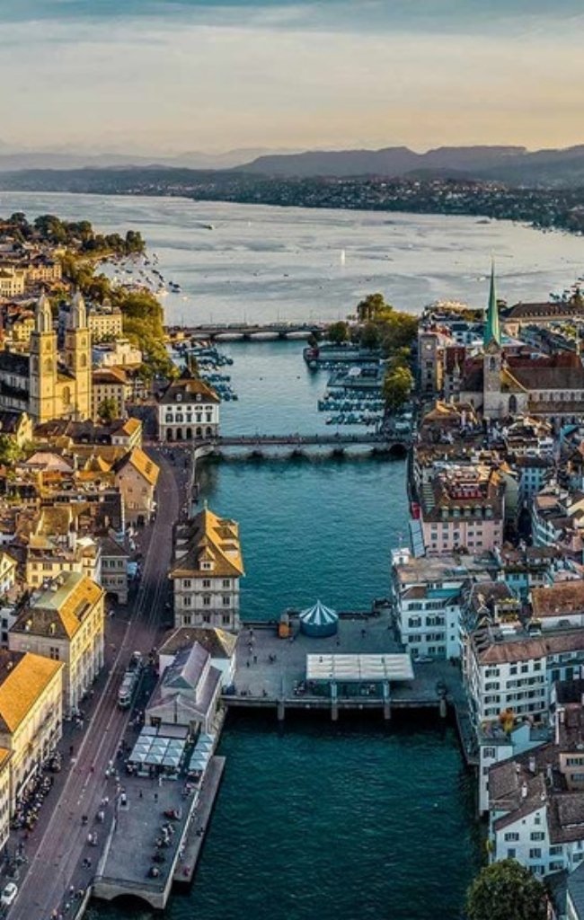 Aerial view of Zurich's old town along the Limmat River and the lake