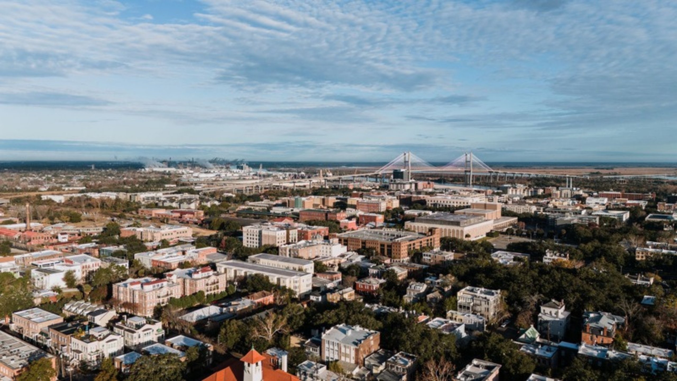 An aerial view of Savannah's historic district and the Talmadge Bridge