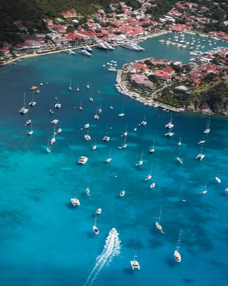 Aerial view of yachts anchored in the harbor at Gustavia, St. Barths
