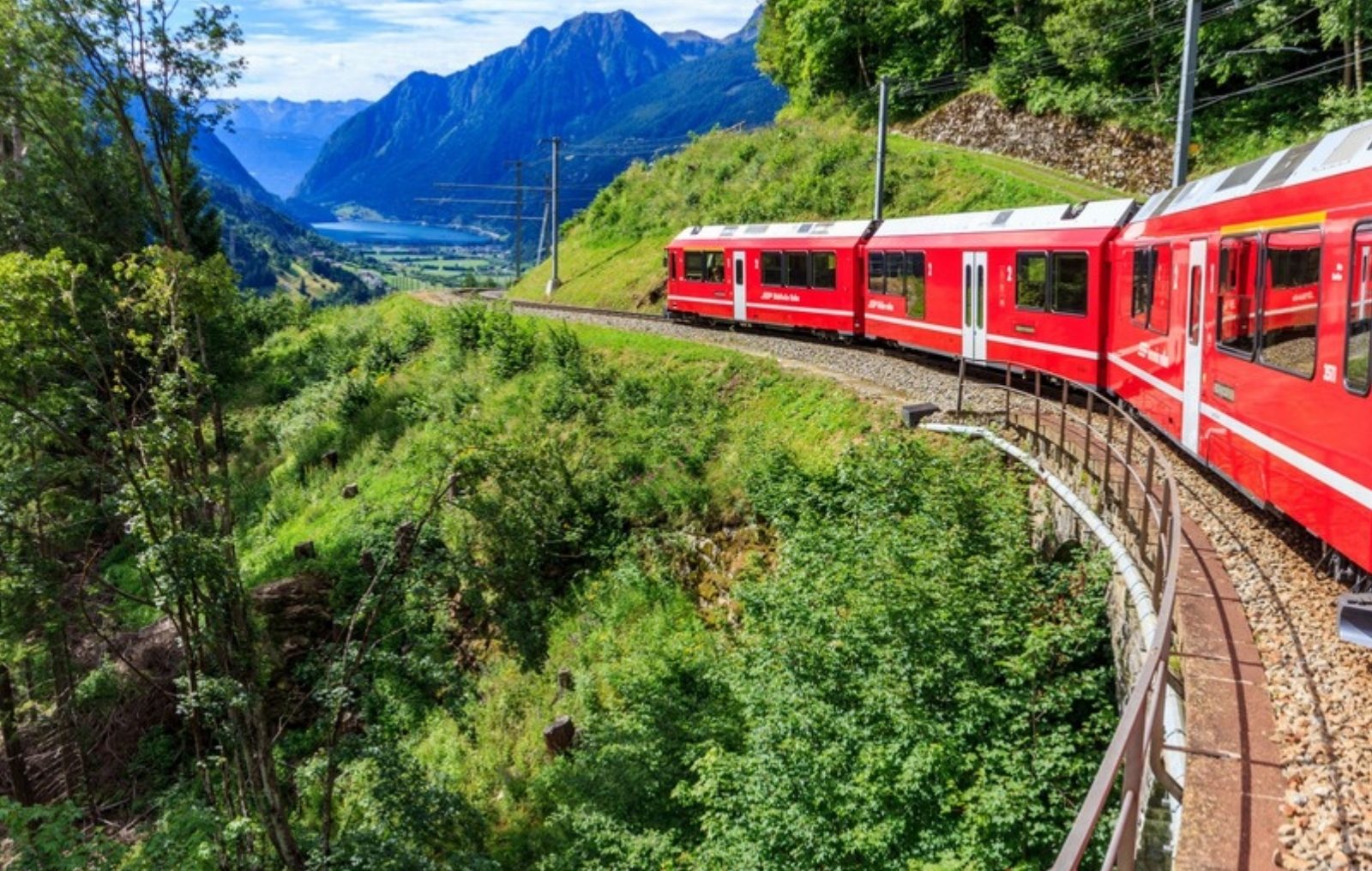 Red train curving through the Swiss Alps