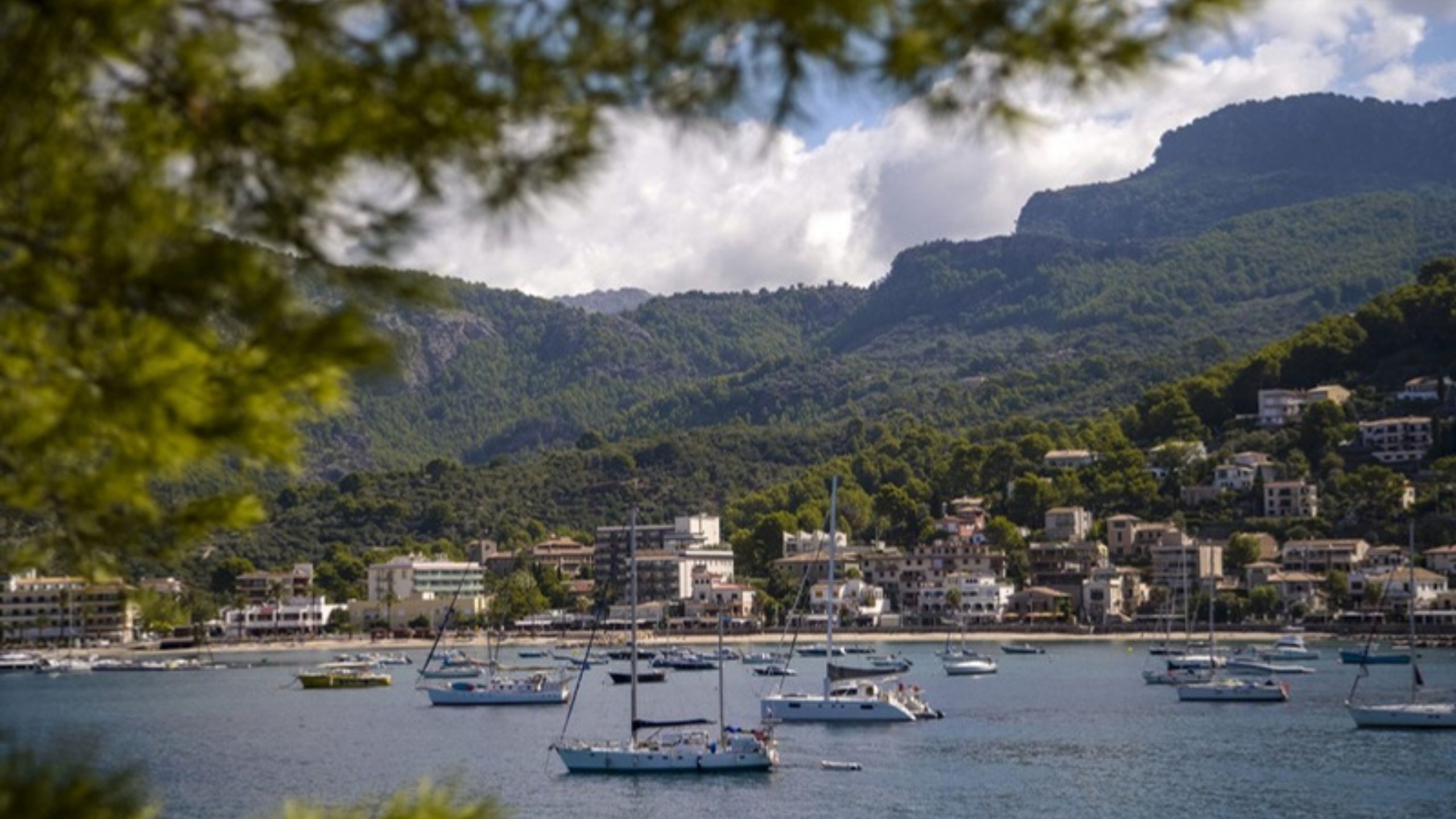 Sailboats in the harbor of Port de Sóller below the Tramuntana mountains, Mallorca