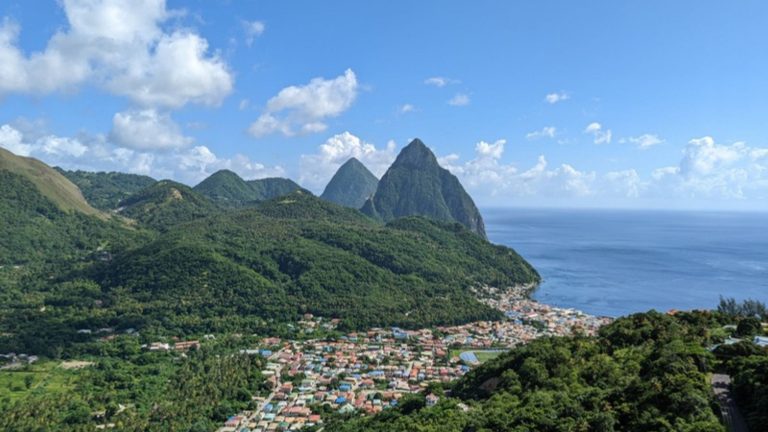 An aerial view of Soufriere and the Pitons in St. Lucia