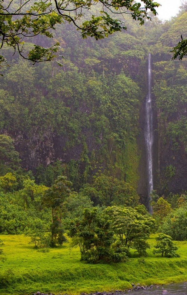 A tall waterfall in a green valley on Tahiti