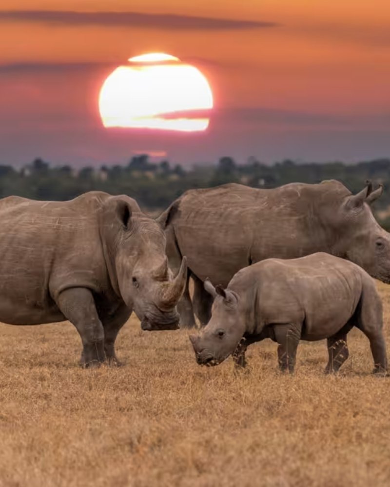 White rhinos grazing at sunset in Kenya