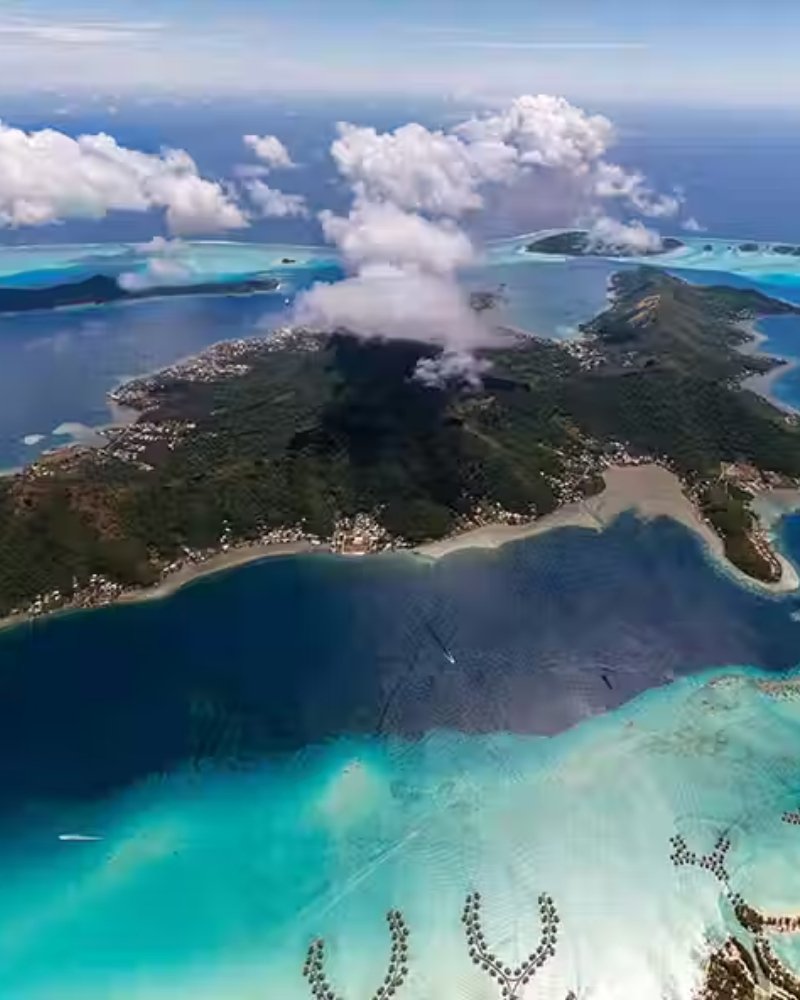 Aerial view of Bora Bora and its lagoon in French Polynesia