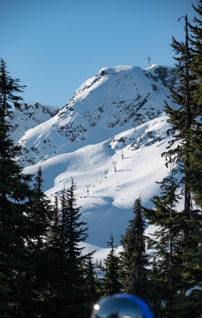 Snowy ski runs on a peak above evergreen forest near Whistler