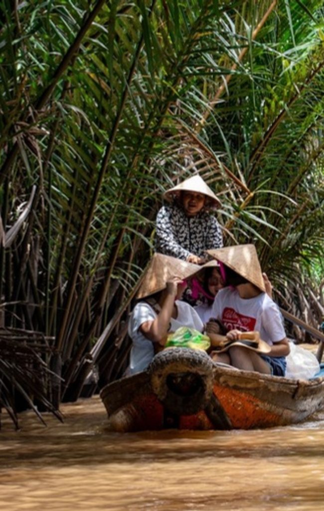 A traditional boat on a palm-lined waterway in the Mekong Delta