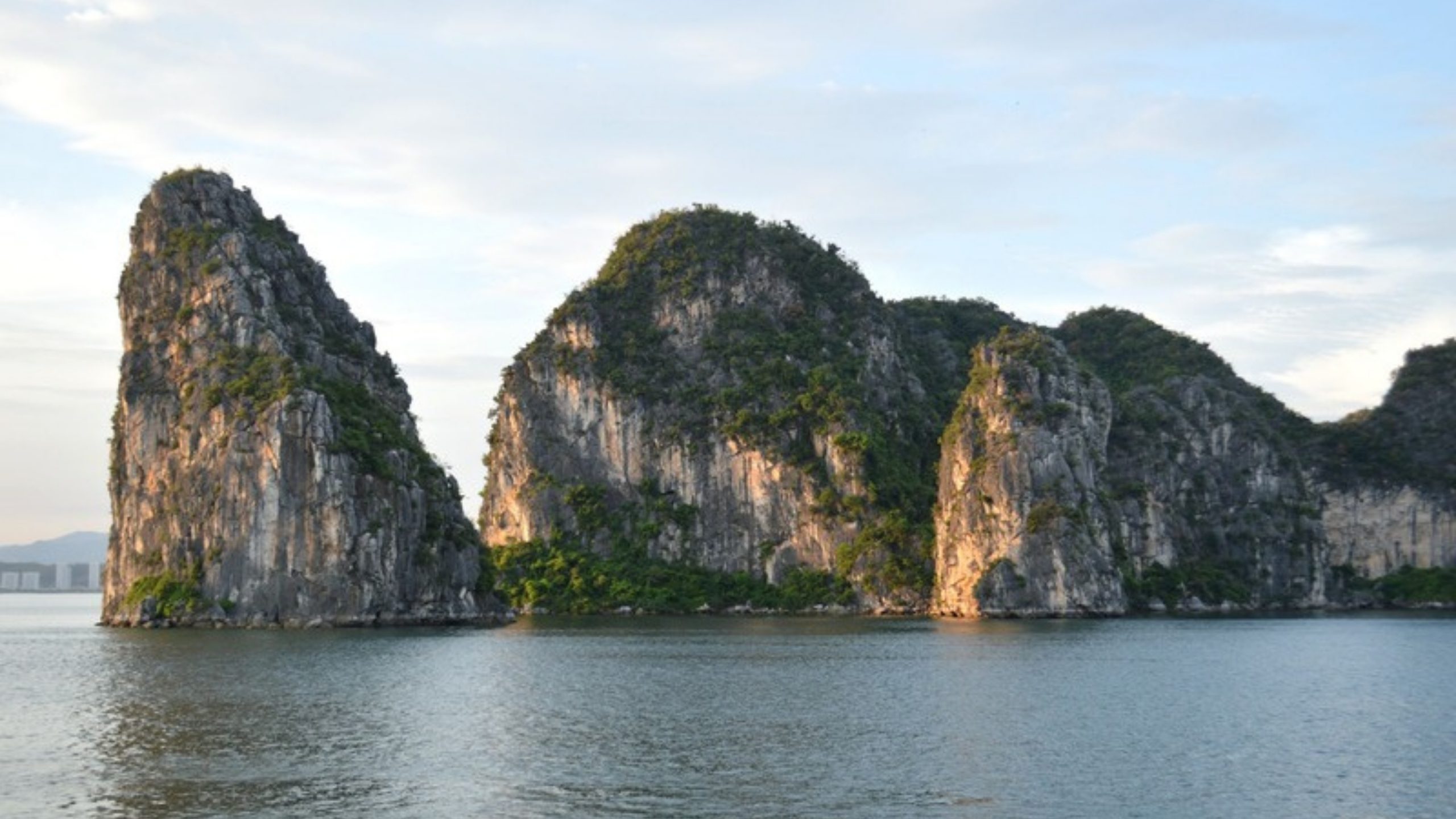 Limestone islands rising from the water in Ha Long Bay